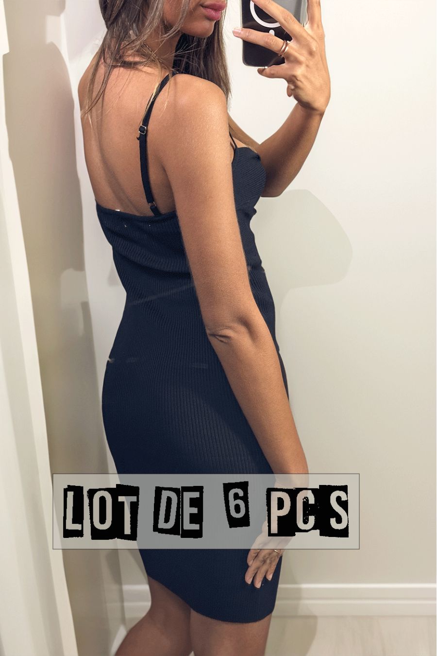 Set of 6 black suspender dresses in very stretchy ribbed knit - 1