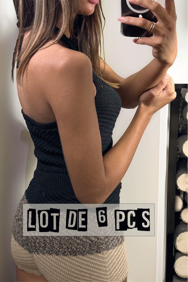 Set van 6 tricolor tops en shorts van stretchbreisel met mooi gevlochten patroon - 4 Set van 6 tricolor tops en shorts van stretchbreisel met mooi gevlochten patroon - 4