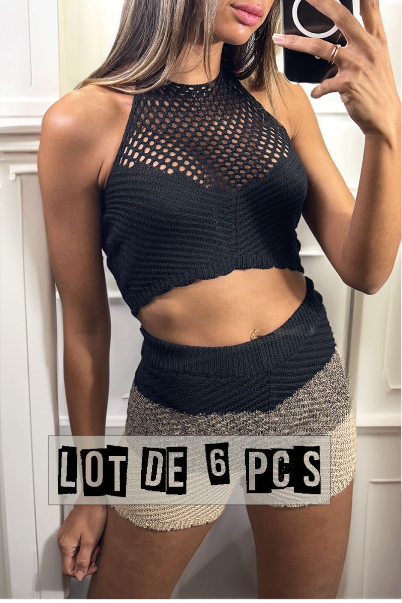 Lot de 6 Ensembles top et short tricolore en maille tricot extensible avec joli motif tressé - 5