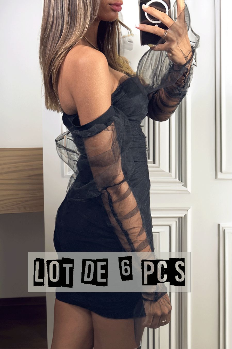 Lot de 6 Robes noire courte en stretch avec décolleté, bonnet et manches en tulle froncé : Une fusion parfaite de glamour et de 