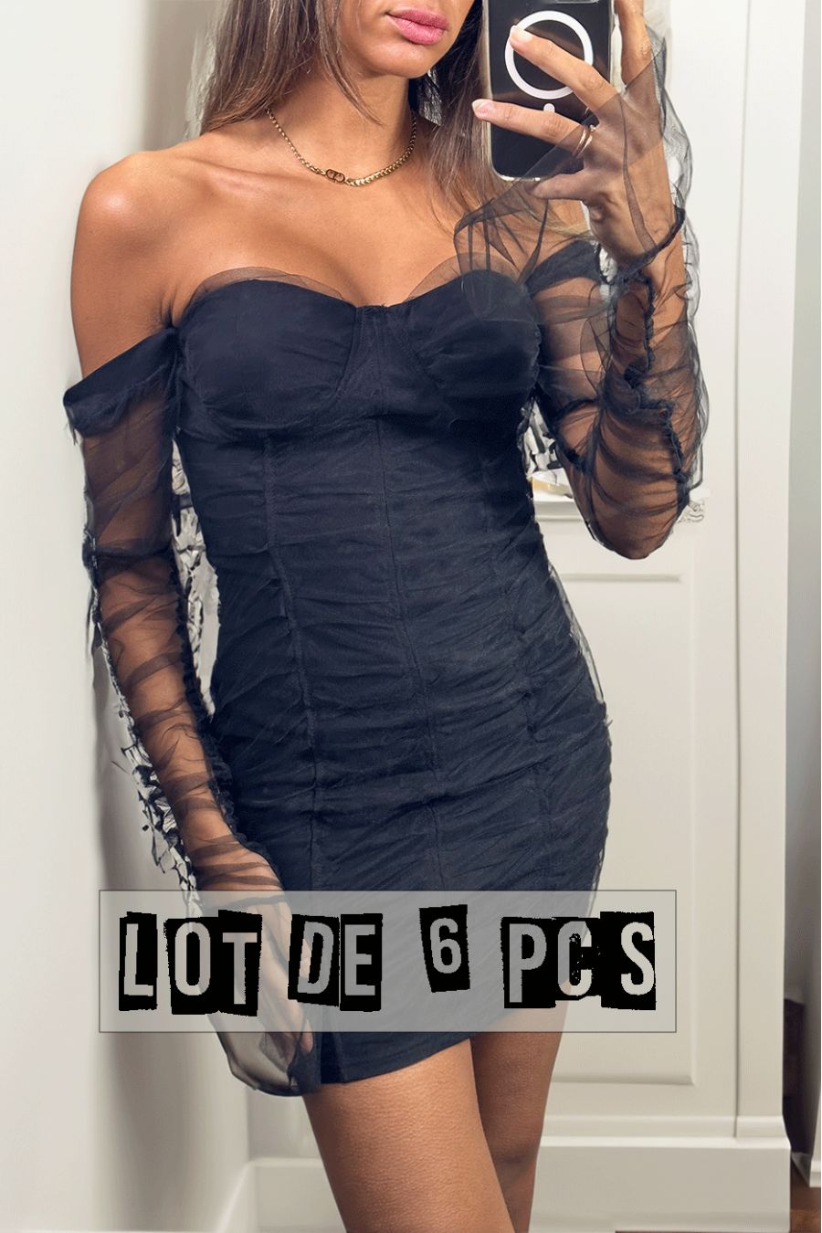 Set of 6 Short black stretch dresses with gathered tulle neckline, cup and sleeves: A perfect fusion of glamor and - 3