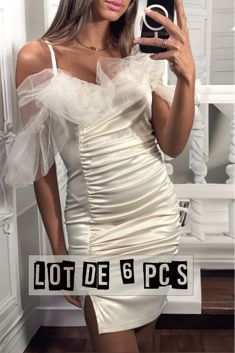 Lot of 6 Pcs Sublime beige satin dress with tulle falling on the shoulders - 3