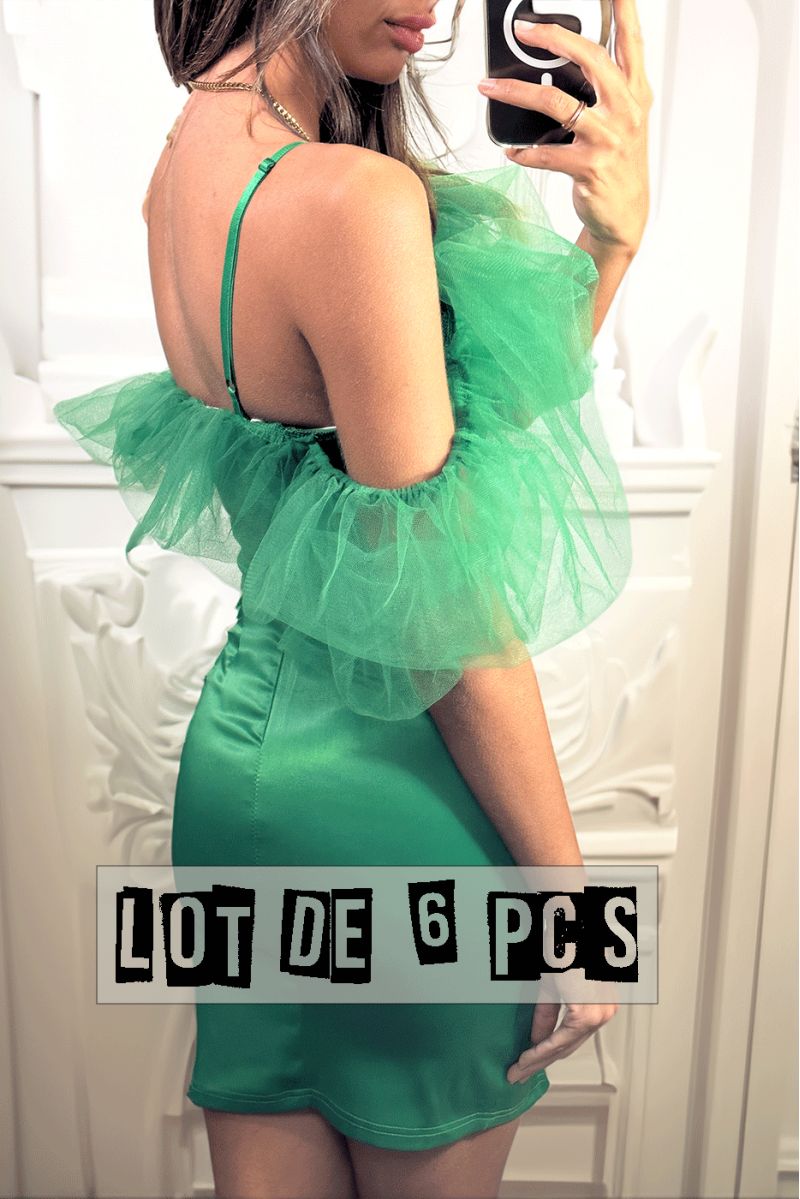 Lot of 6 Pcs Sublime green satin dress with tulle falling on the shoulders - 1