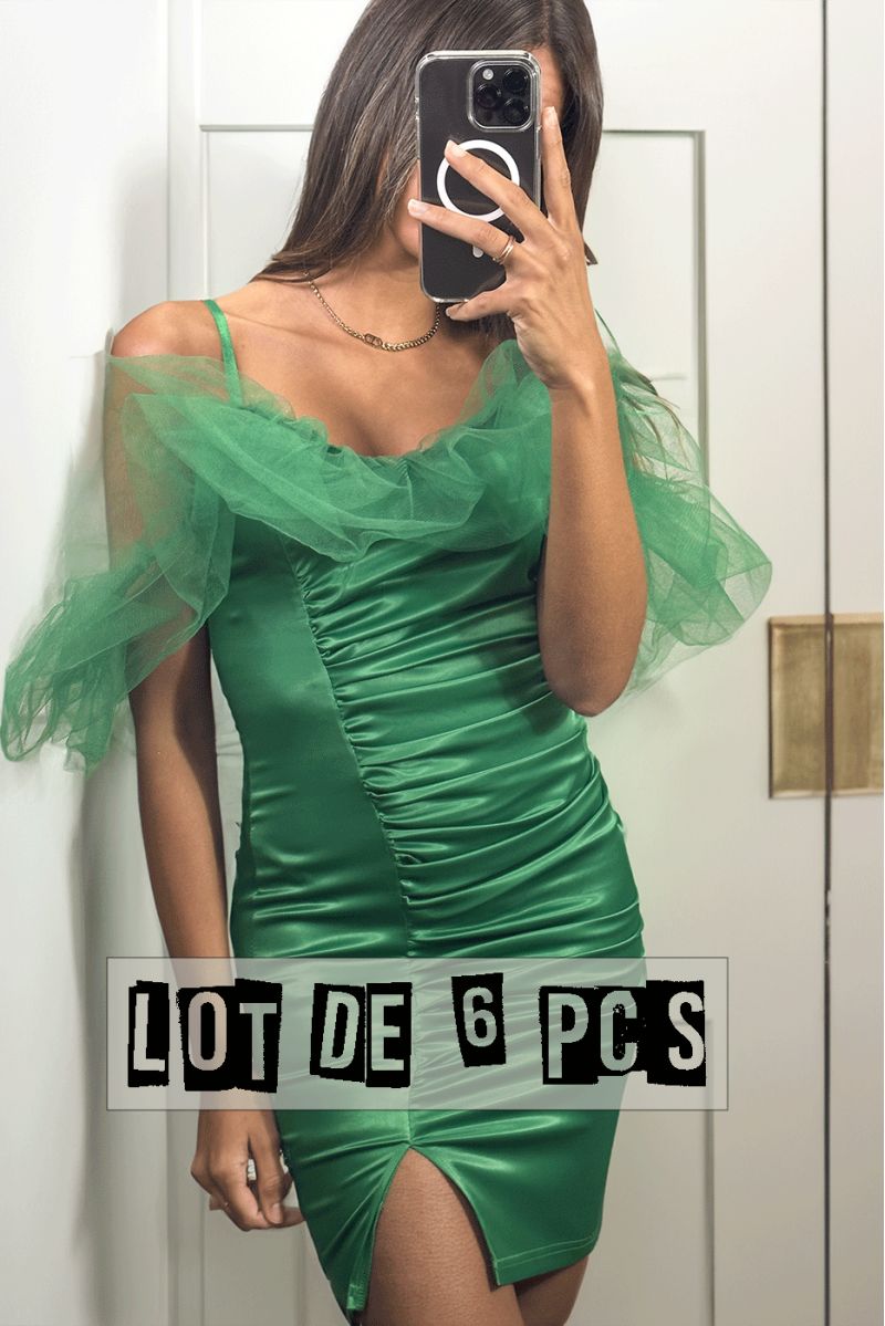 Lot of 6 Pcs Sublime green satin dress with tulle falling on the shoulders - 2