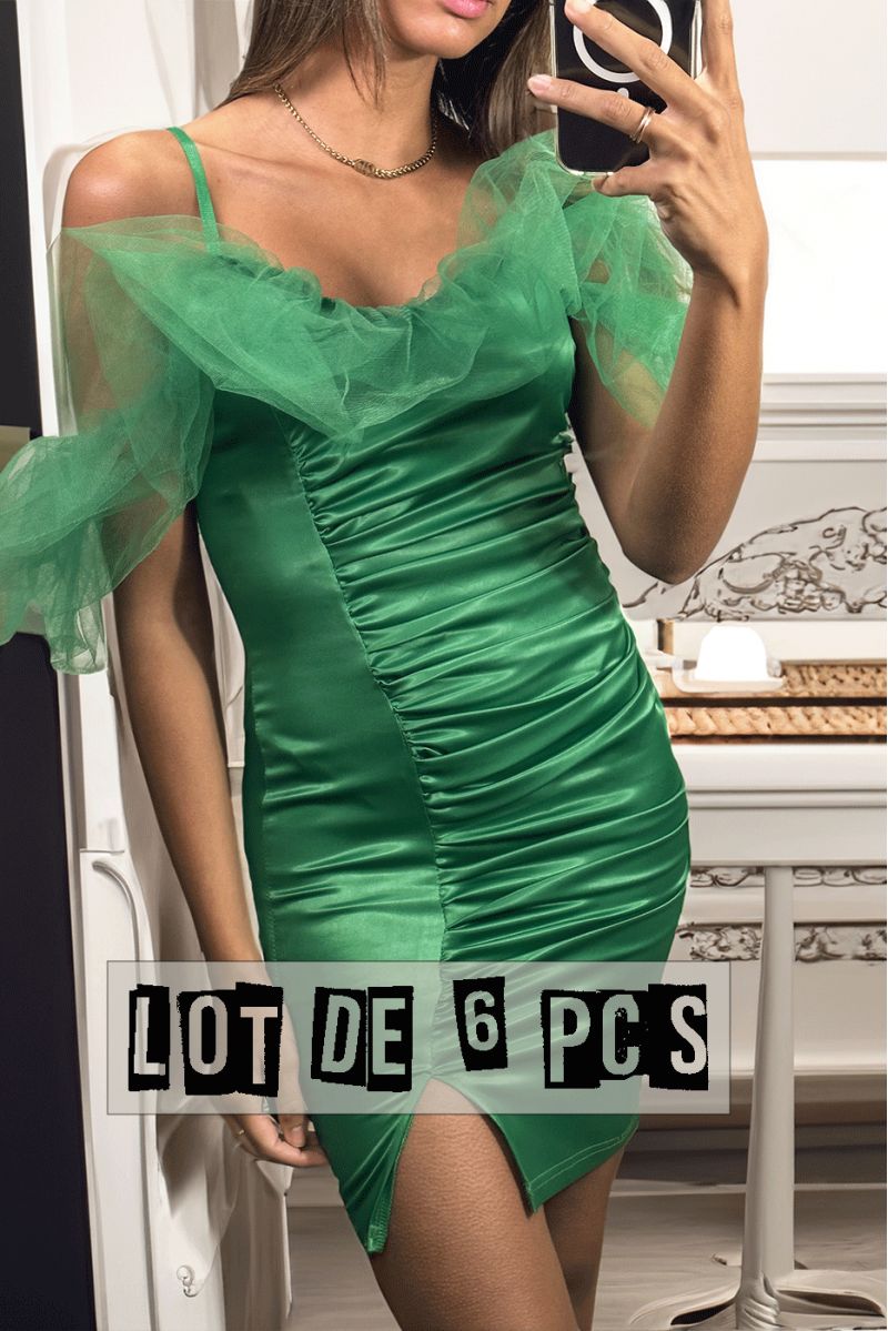 Lot de 6 Pcs Sublime robe satiné verte avec tulle tombant aux épaules - 3
