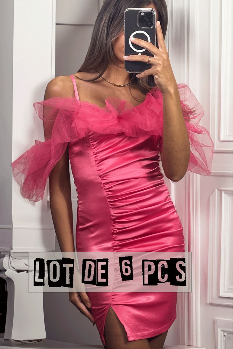 Lot of 6 Pcs Sublime fuchsia satin dress with tulle falling on the shoulders - 4
