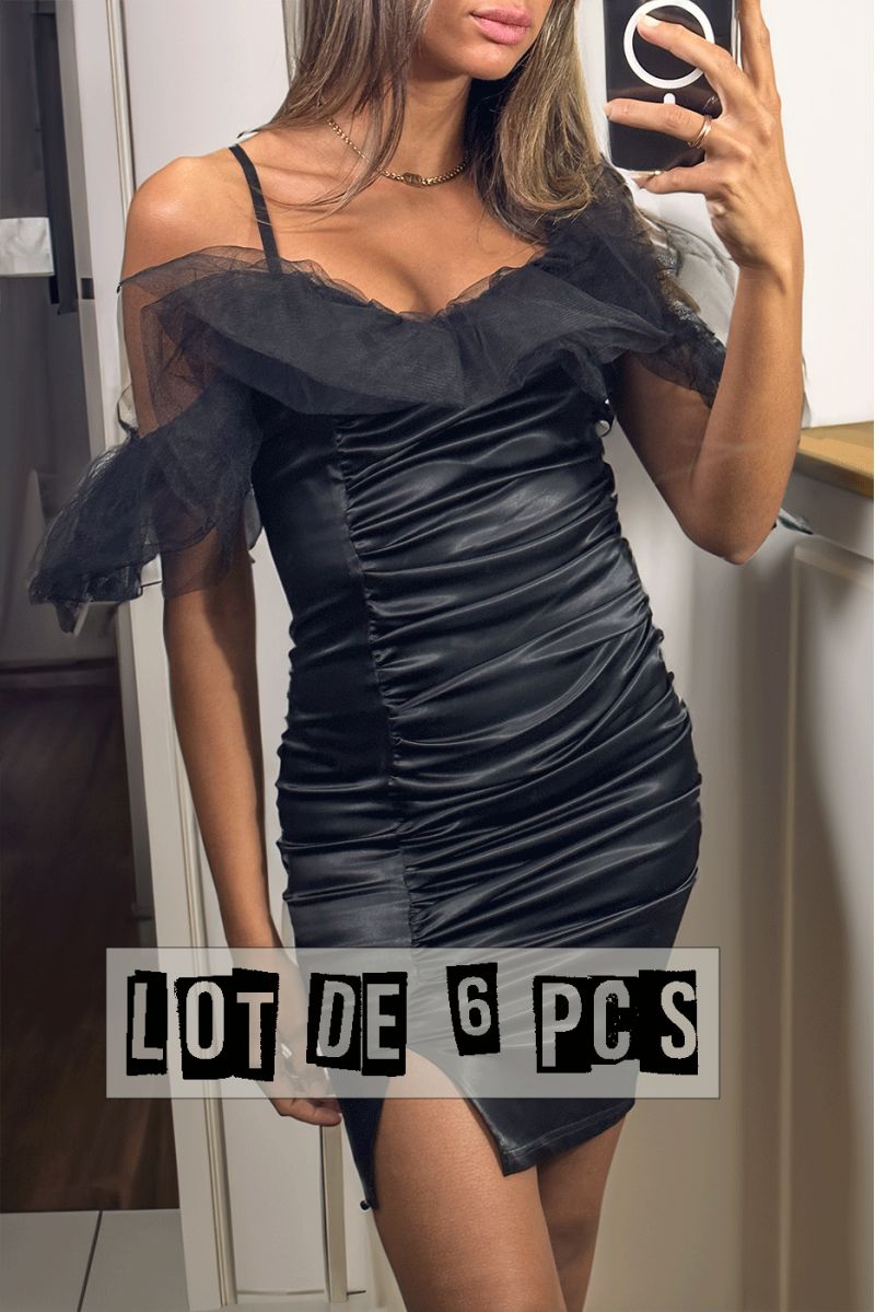Lot of 6 Pcs Sublime black satin dress with tulle falling on the shoulders - 4