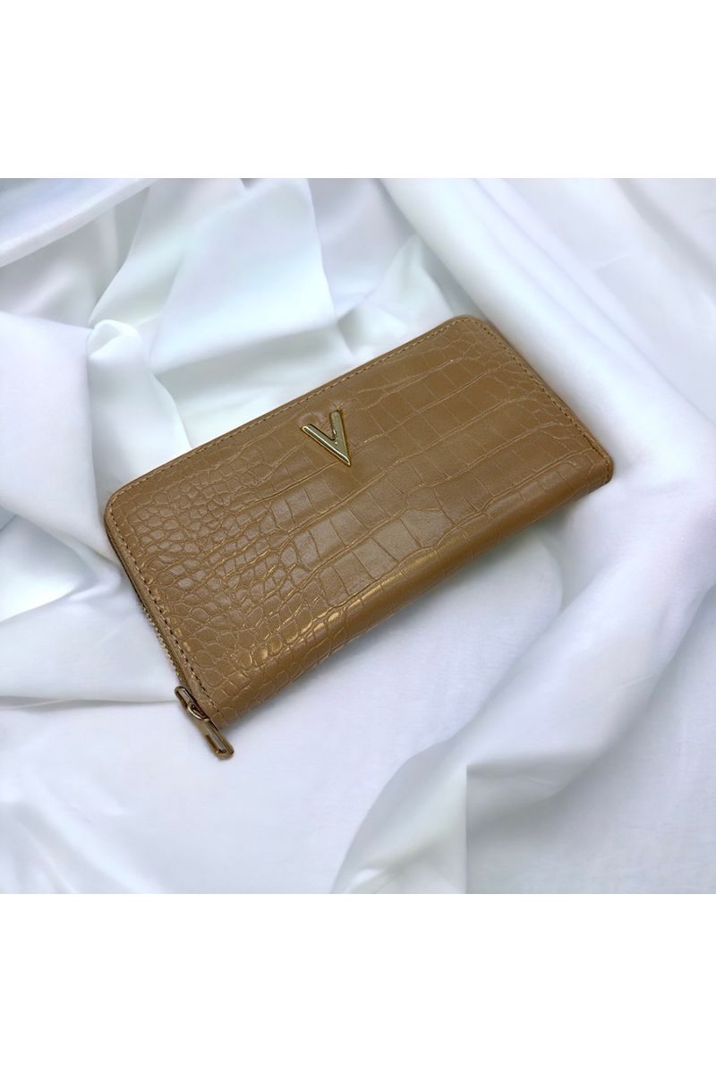 Wallet V with taupe crocodile pattern - 1 Wallet V with taupe crocodile pattern - 1