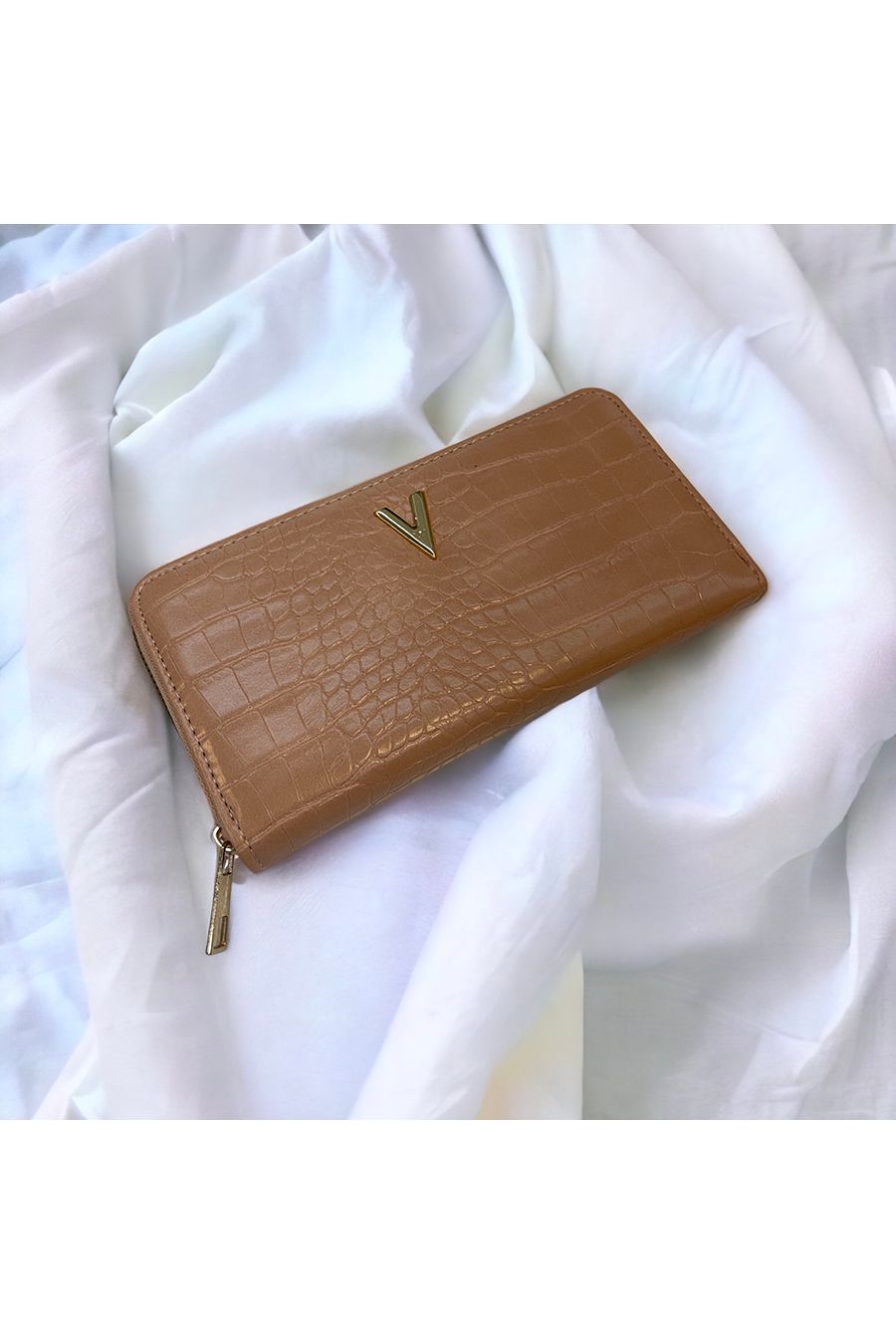 Porte feuille V à motif croco rose - 1