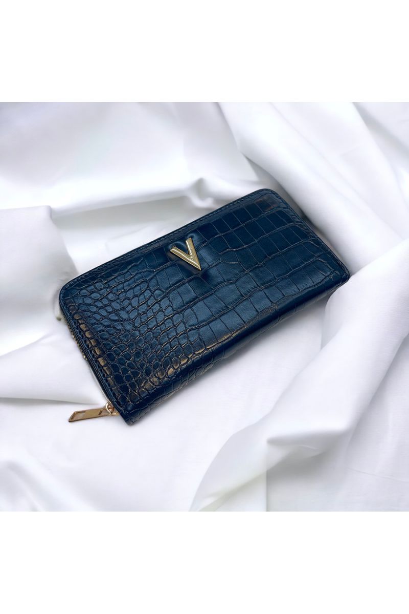 Wallet V with navy crocodile pattern - 1 Wallet V with navy crocodile pattern - 1