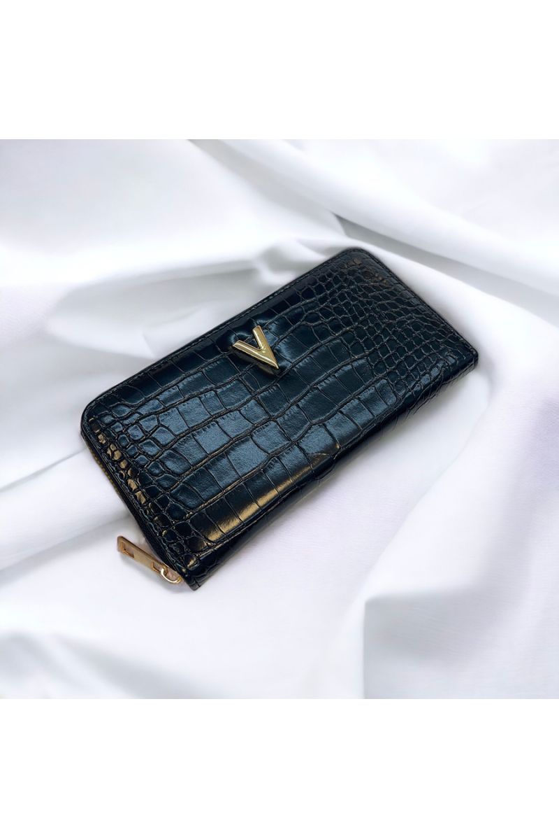 Porte feuille V à motif croco noir - 1