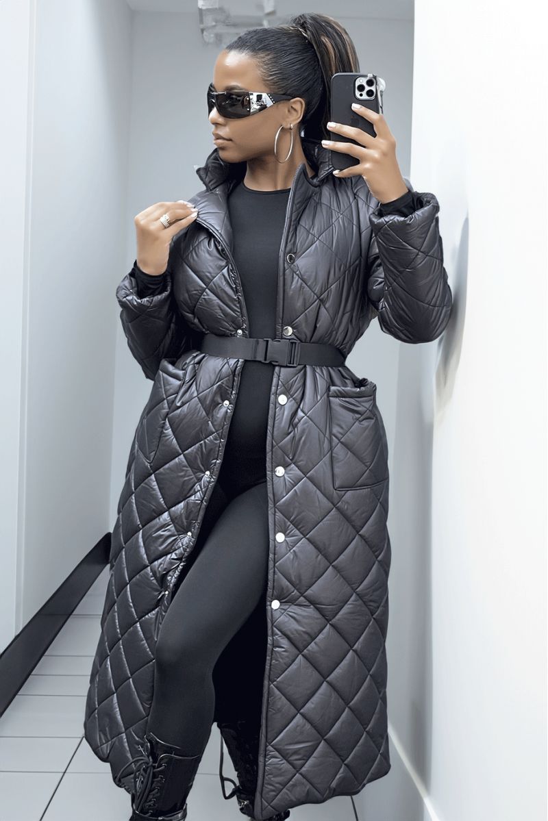 Long quilted down jacket in black - 1
