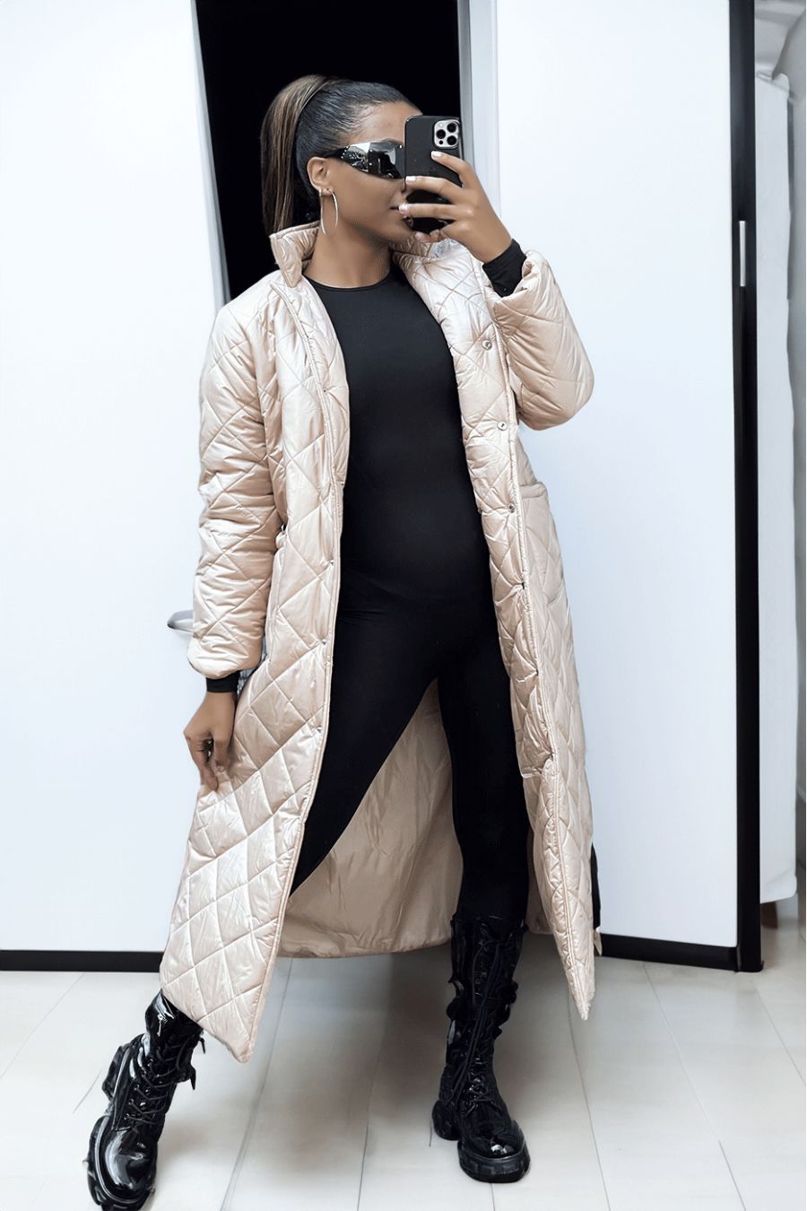 Long quilted down jacket in beige - 1