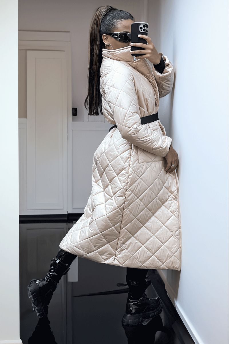 Long quilted down jacket in beige - 2