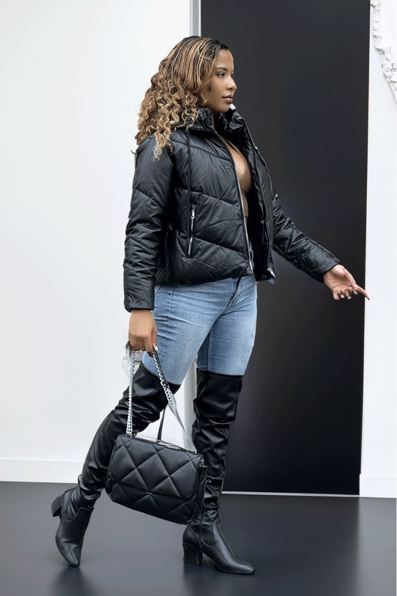 Black faux leather down jacket with black and silver zipper, hood and laces at the collar - 5