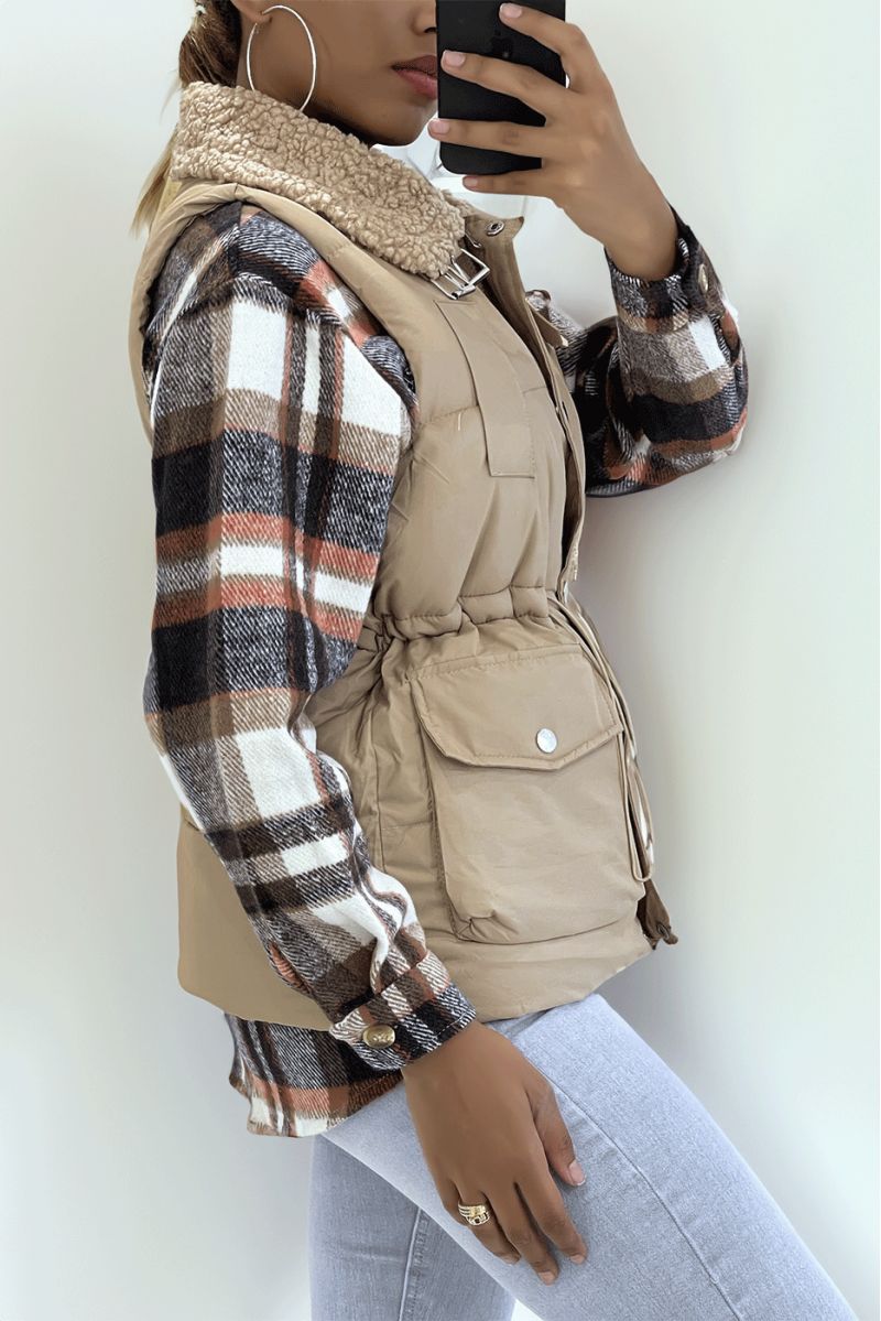 Taupe sleeveless down jacket with sheepskin collar. Fall/winter coat - 1
