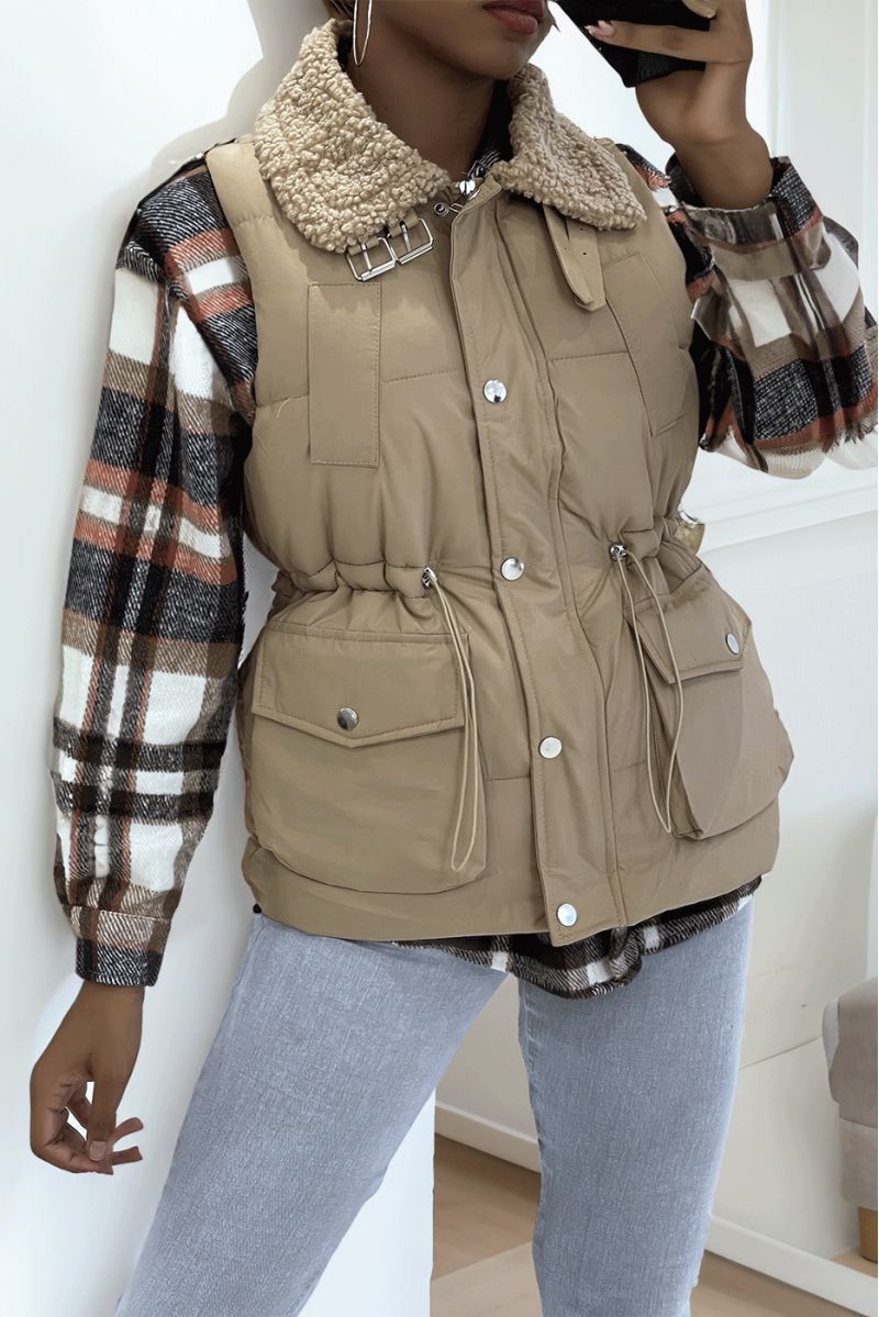 Taupe sleeveless down jacket with sheepskin collar. Fall/winter coat - 2