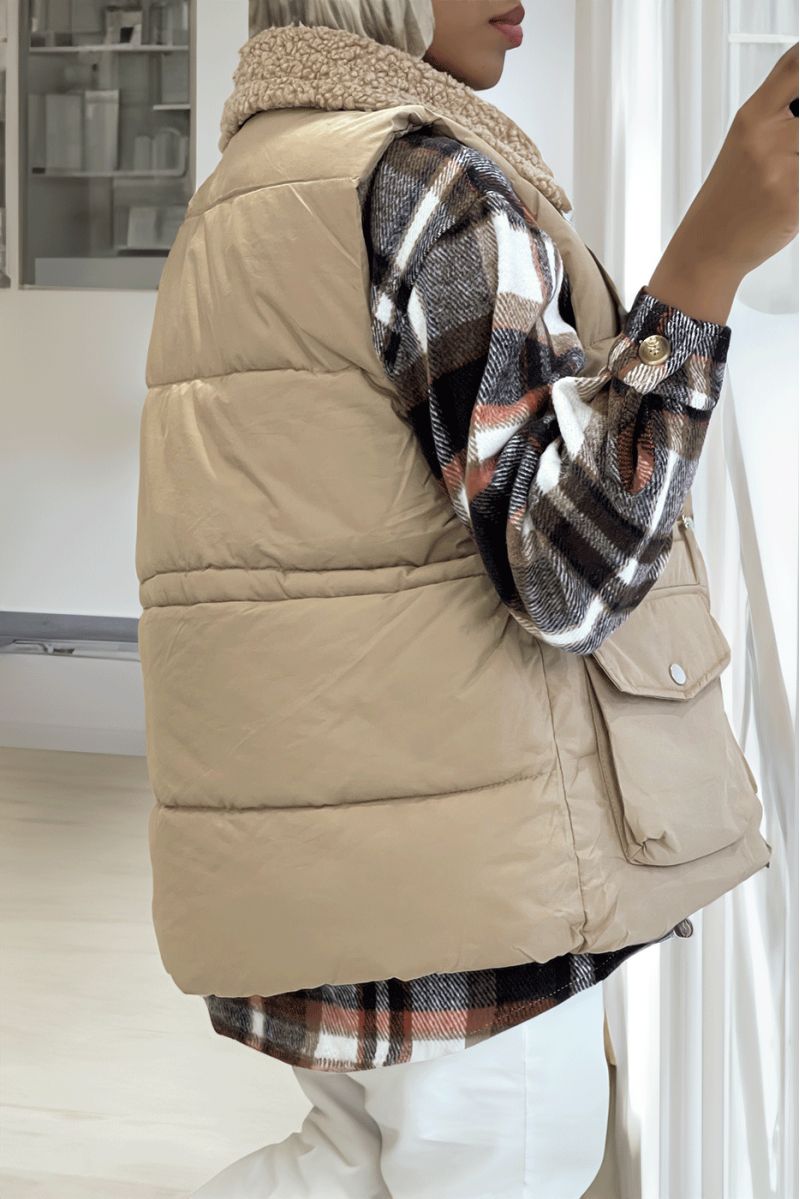 Taupe sleeveless down jacket with sheepskin collar. Fall/winter coat - 3