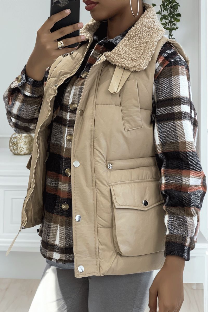 Taupe sleeveless down jacket with sheepskin collar. Fall/winter coat - 4