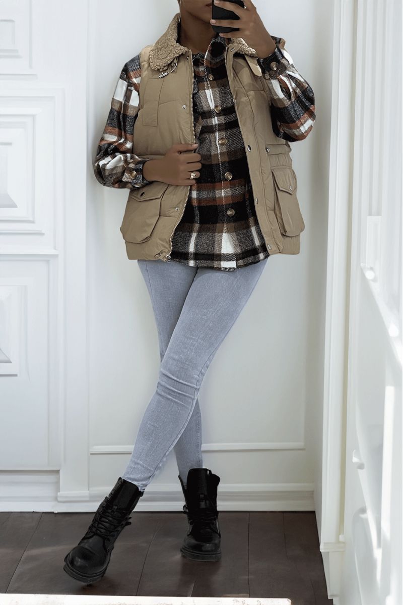 Taupe sleeveless down jacket with sheepskin collar. Fall/winter coat - 5