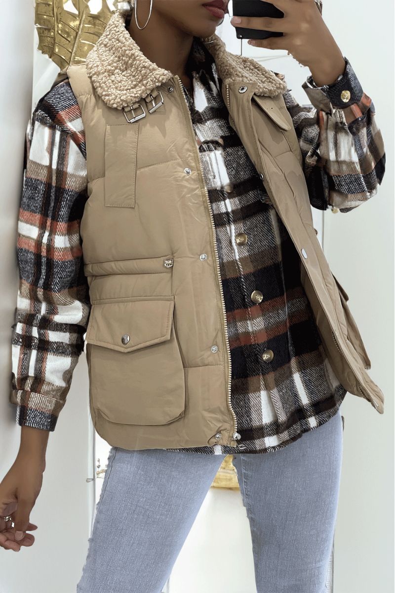 Taupe sleeveless down jacket with sheepskin collar. Fall/winter coat - 6