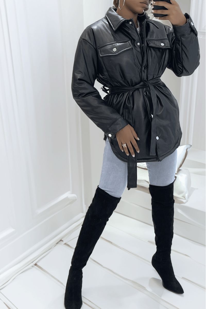 Mid-length asymmetric faux leather black coat with belt at the waist - 3