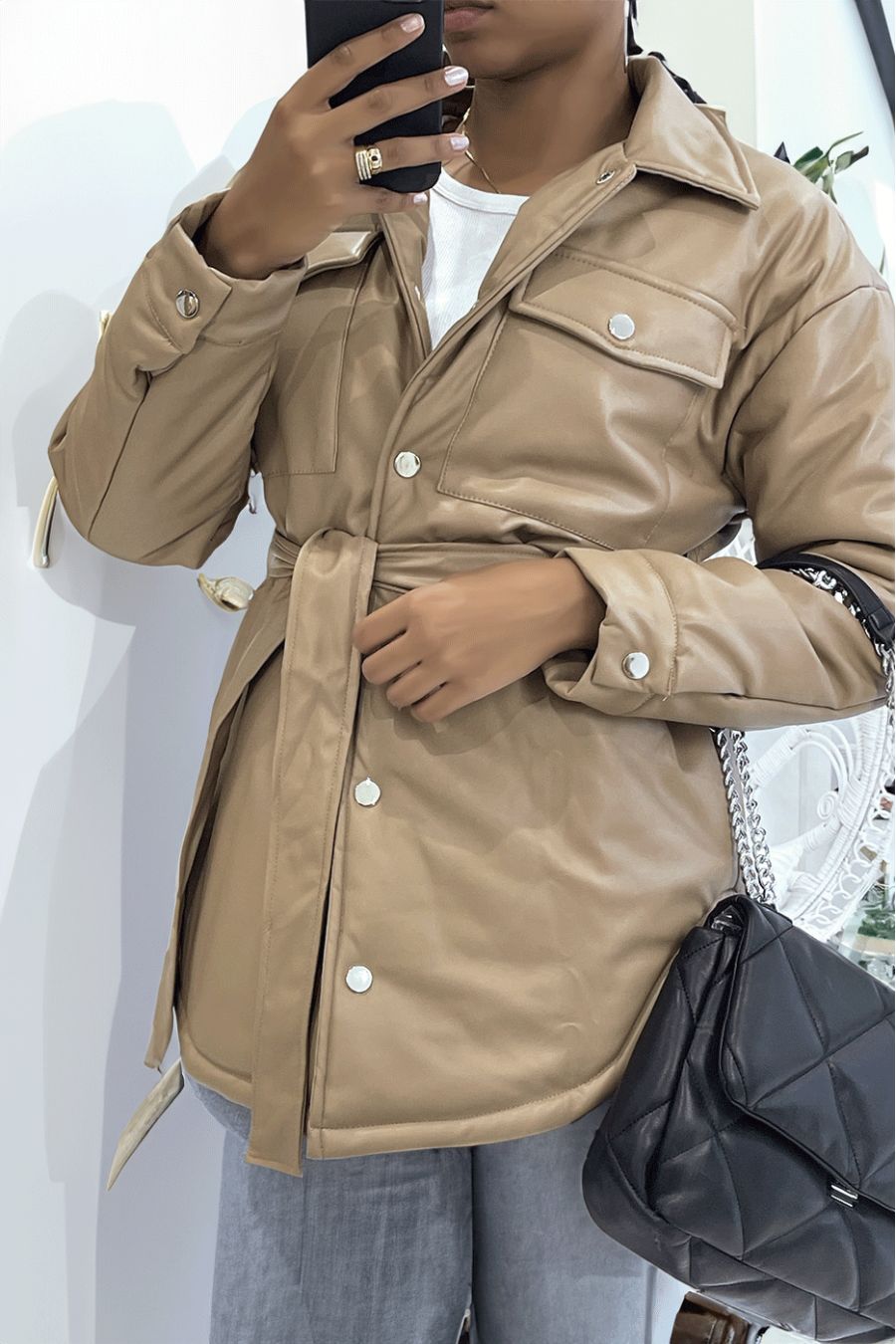 Mid-length asymmetrical faux leather taupe coat with belt at the waist - 1