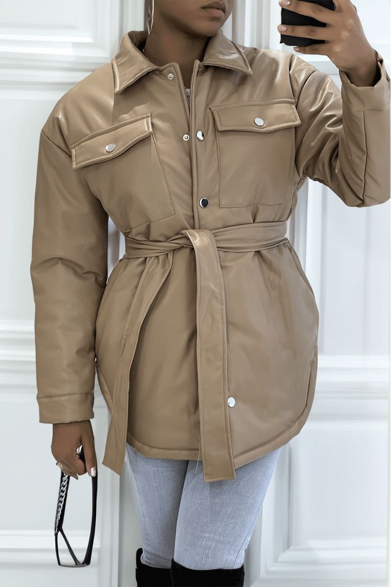 Manteau taupe mi long asymétrique simili cuir avec ceinture à la taille - 3