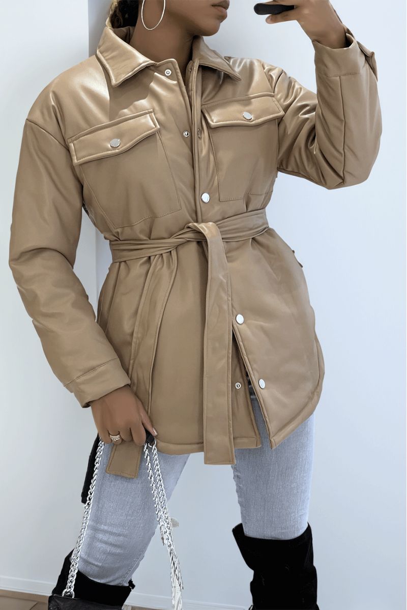 Mid-length asymmetrical faux leather taupe coat with belt at the waist - 4