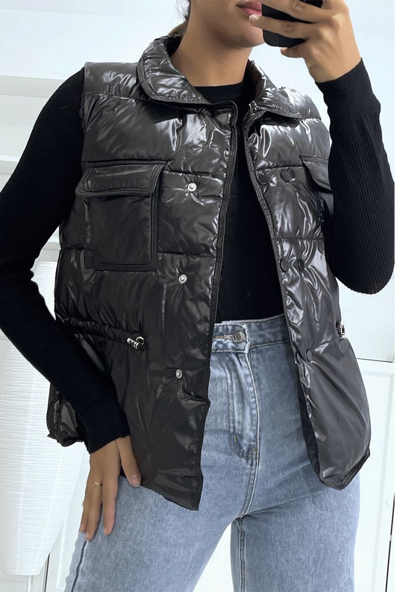 Black faux leather puffer jacket with pockets on the front and adjustable at the waist, super trendy sleeveless - 3