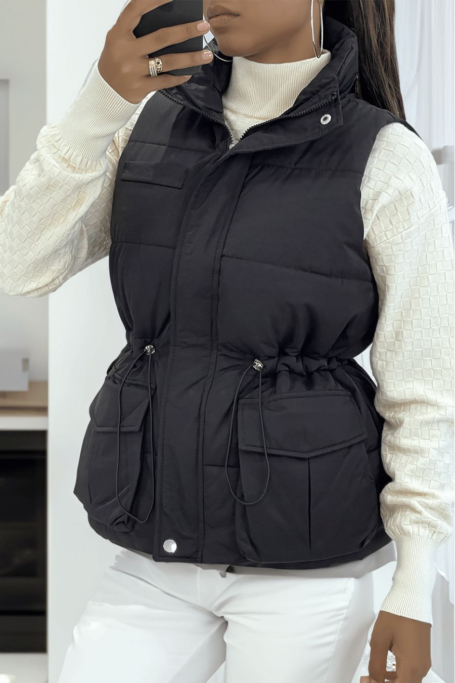 Black sleeveless padded jacket with a high collar, pretty gold buttons and large sleeves - 2
