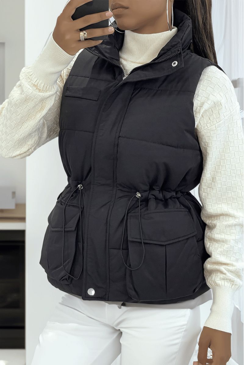 Black sleeveless padded jacket with a high collar, pretty gold buttons and large sleeves - 2