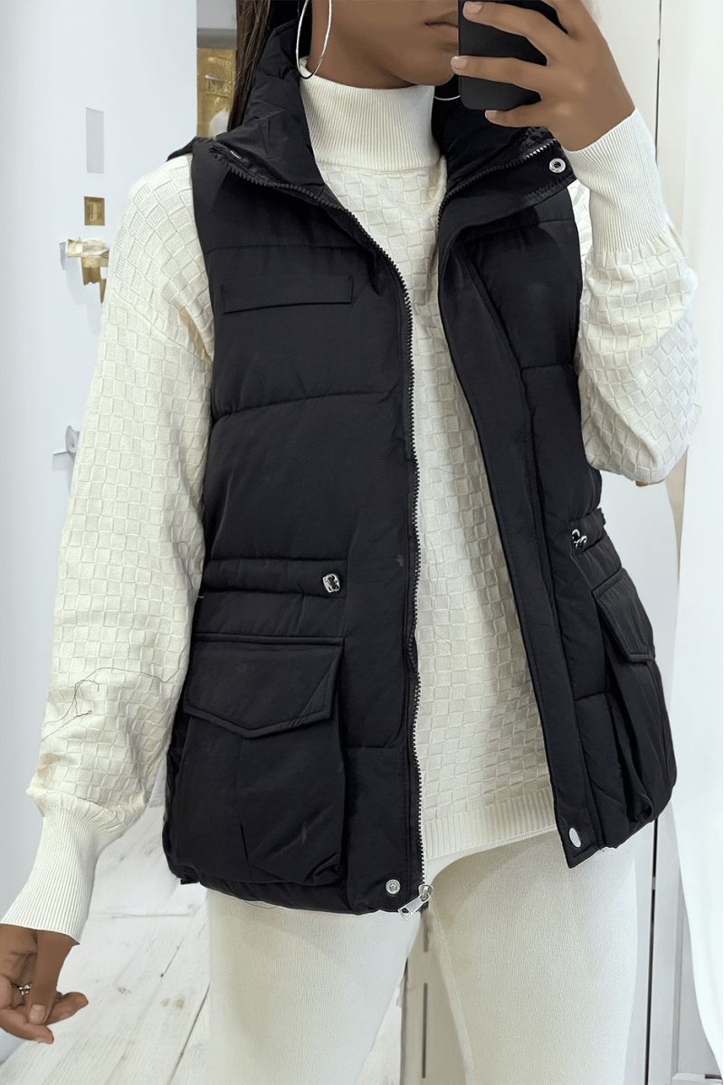 Black sleeveless padded jacket with a high collar, pretty gold buttons and large sleeves - 3