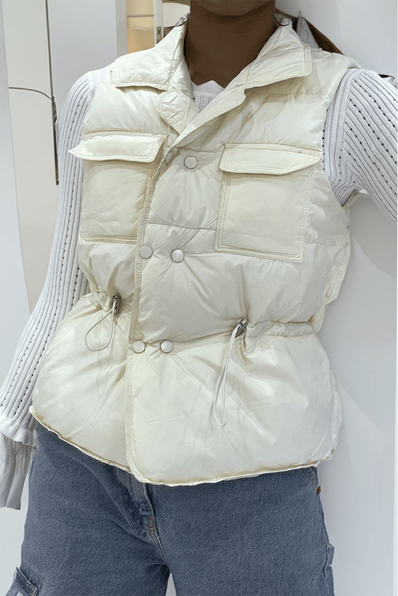 Ecru faux leather puffer jacket with pockets on the front and adjustable at the waist, super trendy sleeveless - 1
