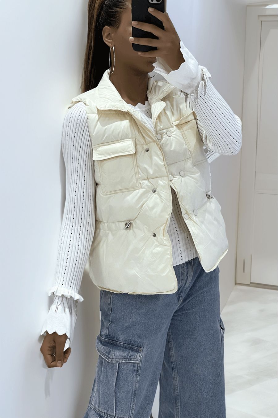 Ecru faux leren puffer jack met zakjes aan de voorkant en verstelbaar in de taille, super trendy mouwloos - 5