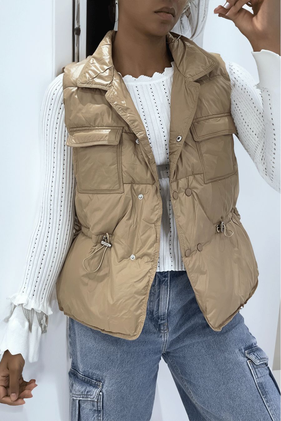 Faux leather taupe down jacket with pockets on the front and adjustable at the waist, sleeveless, super trendy - 1