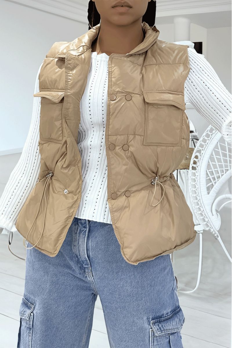 Faux leather taupe down jacket with pockets on the front and adjustable at the waist, sleeveless, super trendy - 2
