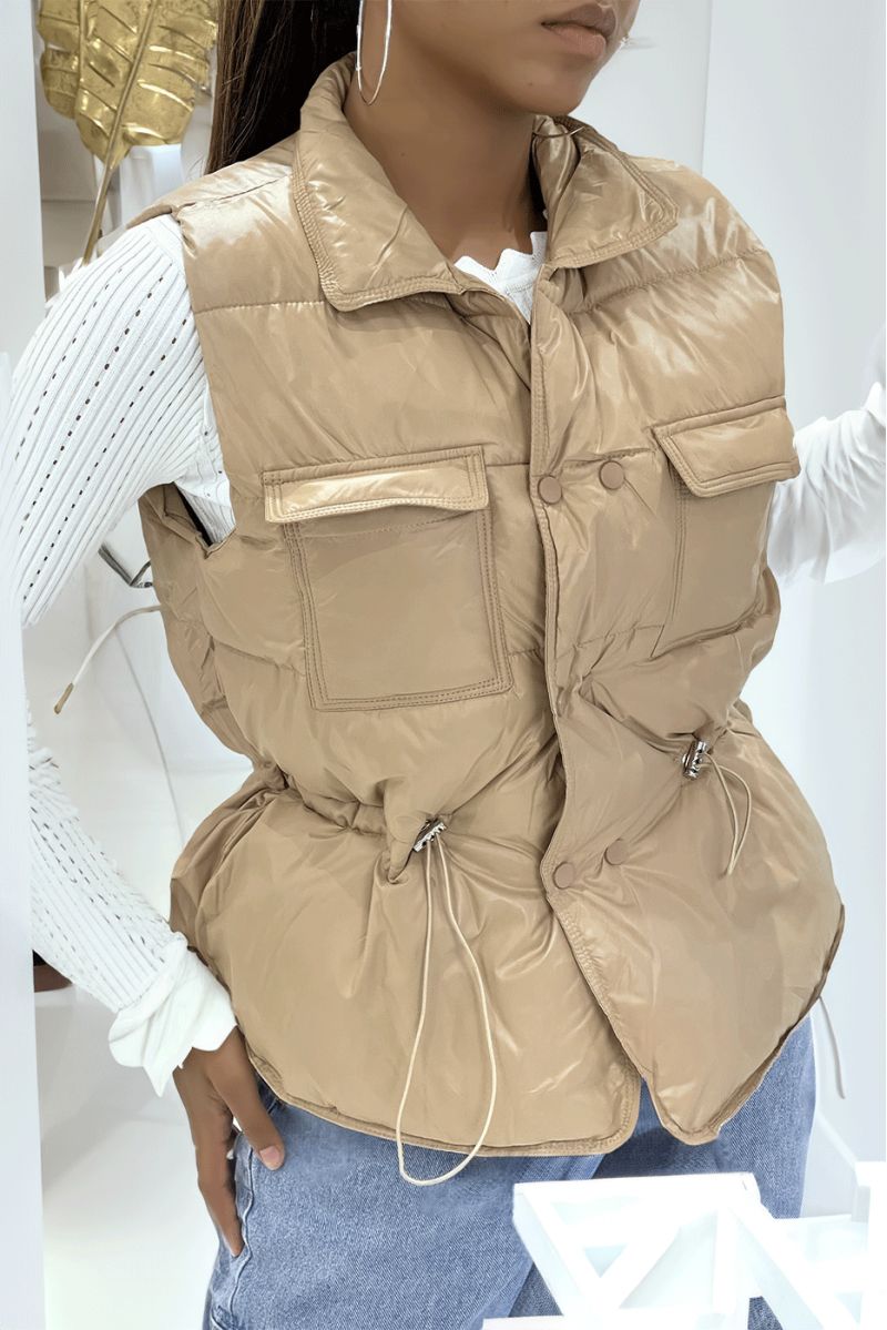 Faux leather taupe down jacket with pockets on the front and adjustable at the waist, sleeveless, super trendy - 5
