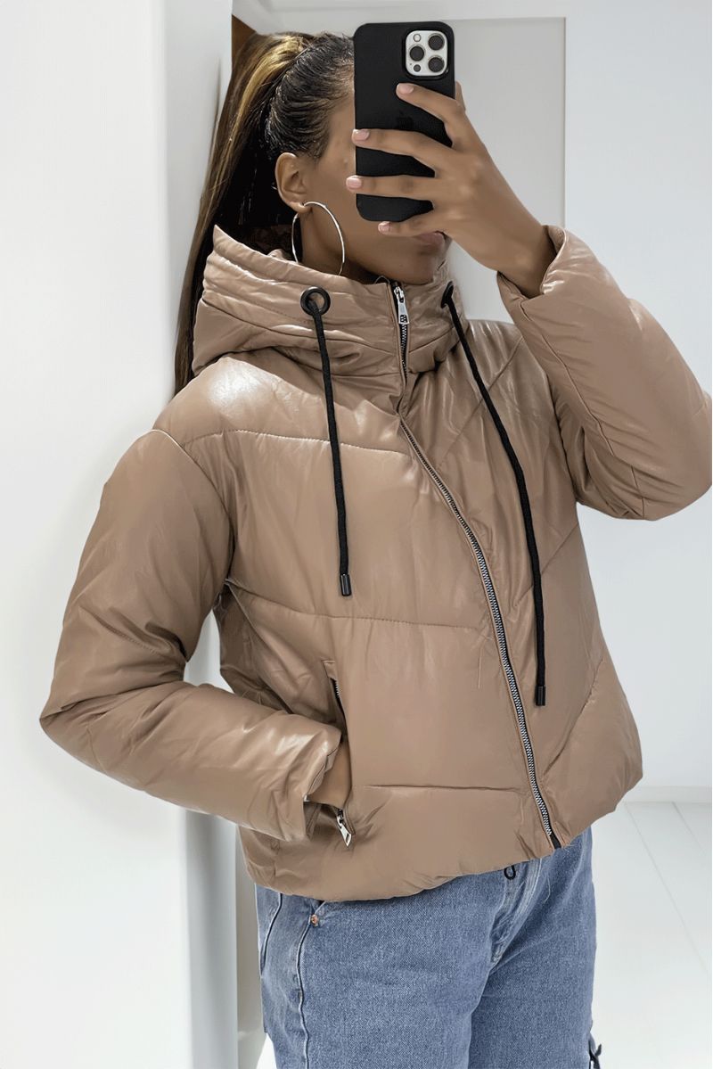 Camel faux leather down jacket with black and silver zipper, hood and laces at the collar - 2
