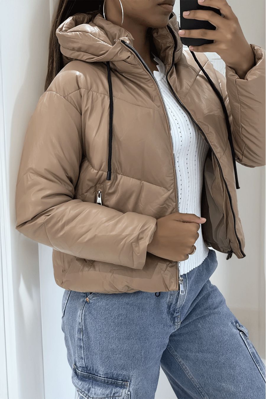 Camel faux leather down jacket with black and silver zipper, hood and laces at the collar - 4