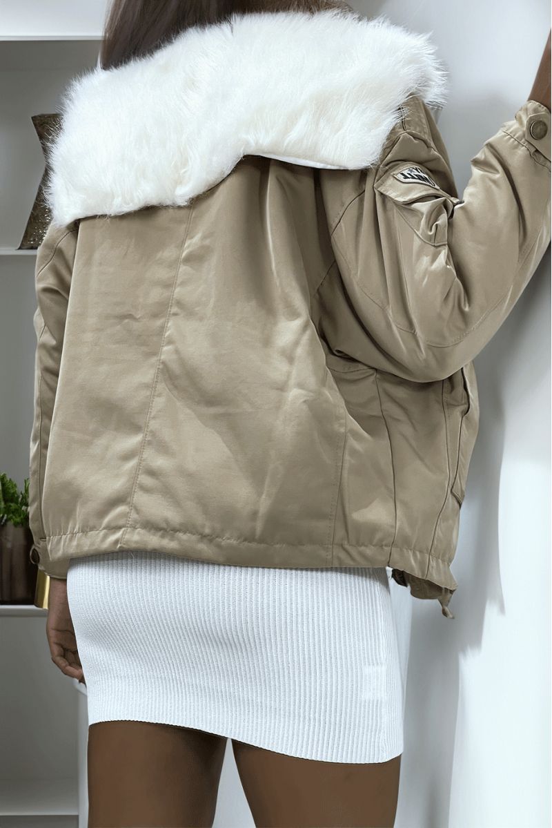 Taupe aviator coat with very soft faux fur interior and Army writing - 2