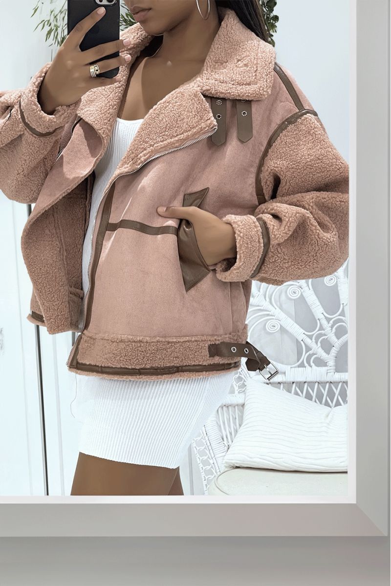 Warm pink bomber jacket with a suede and fleece effect, perfect for winter - 1