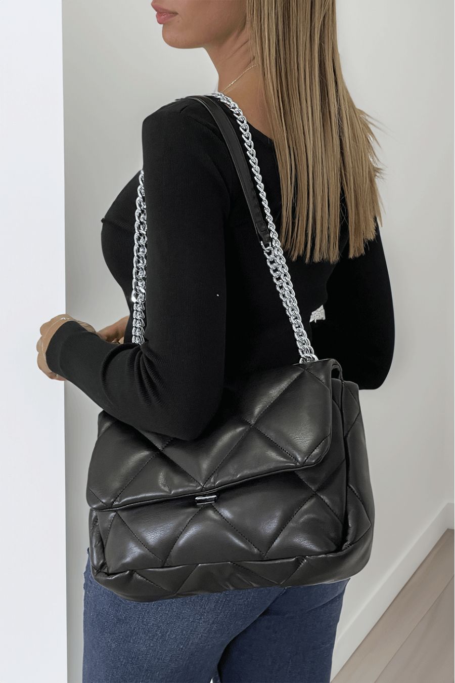 Black ribbed bardot neck long sleeve crop top - 1