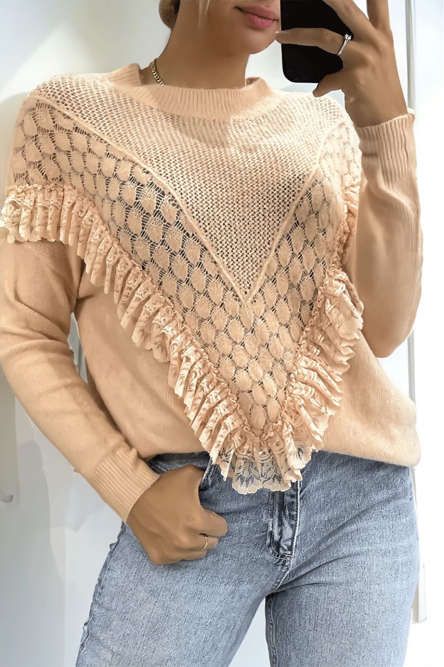 Women's high neck pink sweater - 3