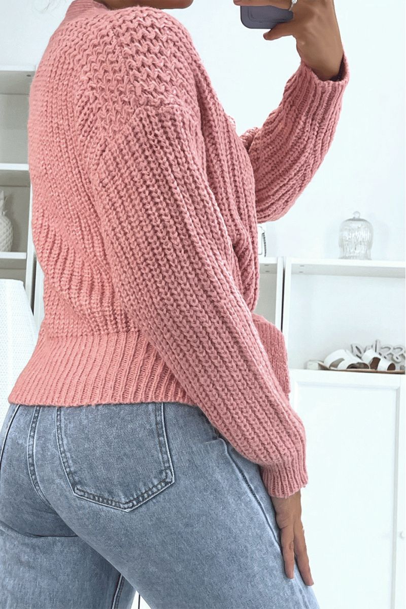 Warm powder pink wrap-over top in chunky knit with puffed sleeves - 1