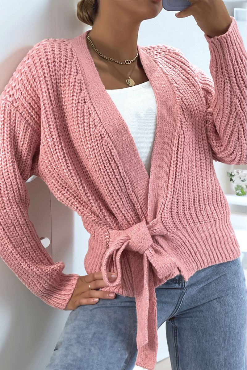Warm powder pink wrap-over top in chunky knit with puffed sleeves - 2