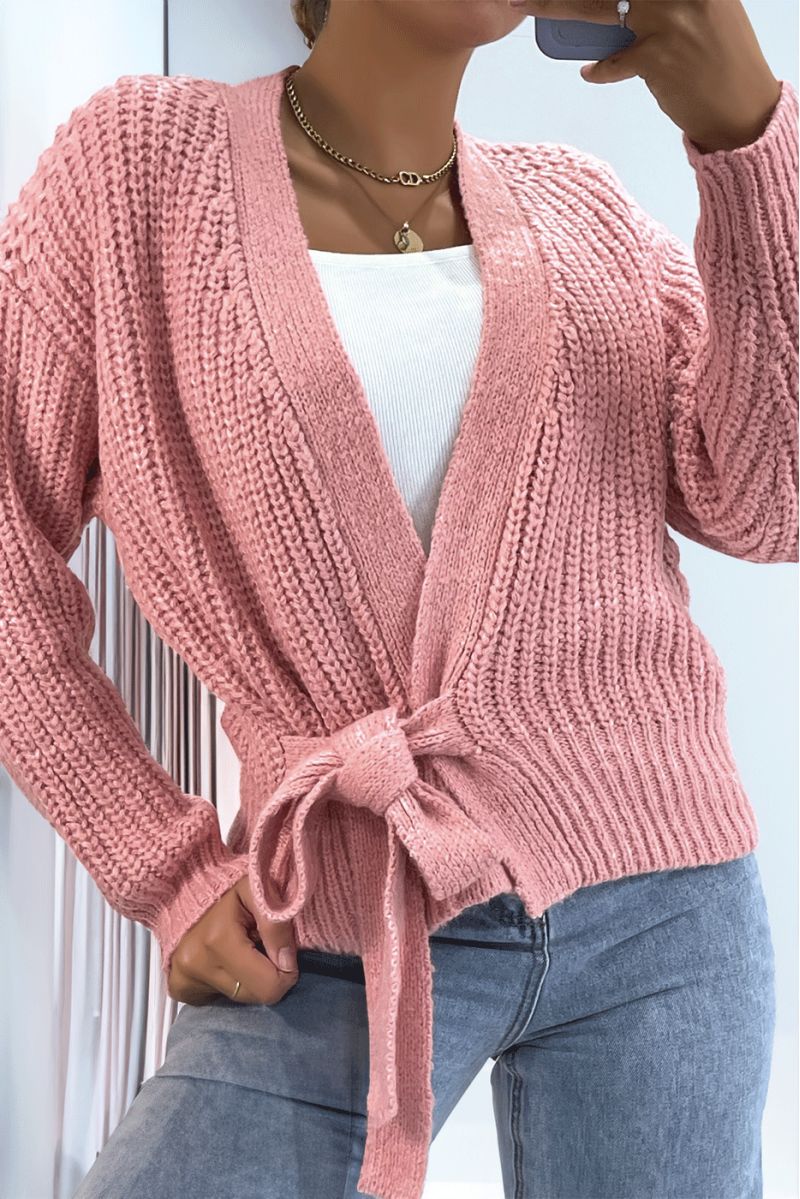 Warm powder pink wrap-over top in chunky knit with puffed sleeves - 3