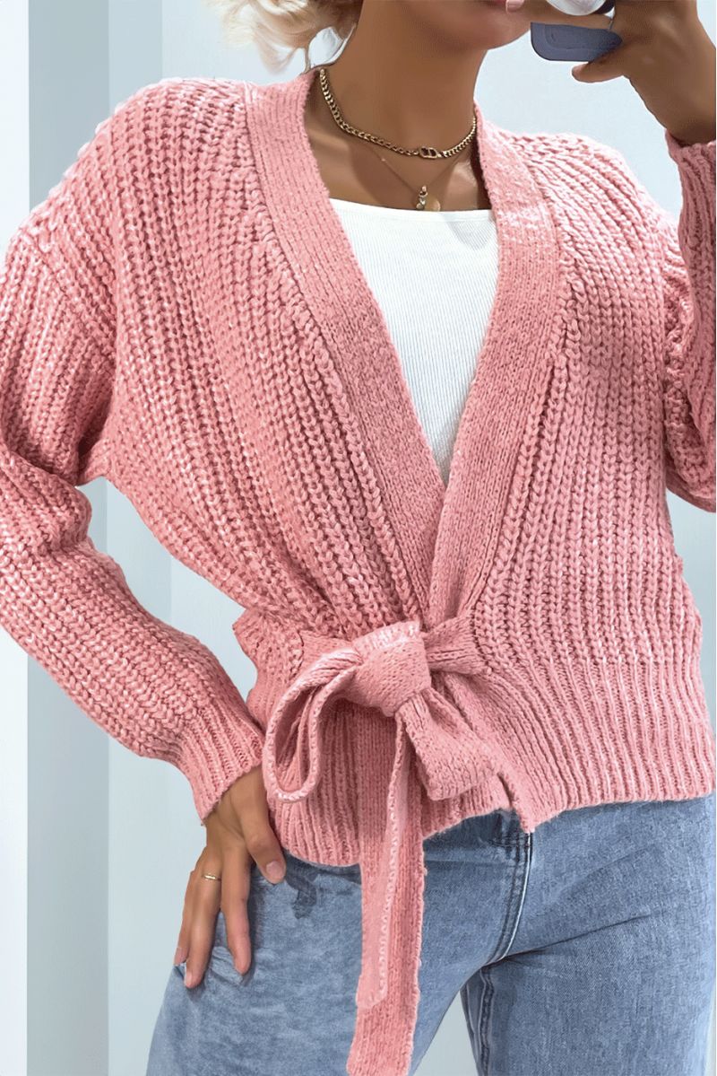 Warm powder pink wrap-over top in chunky knit with puffed sleeves - 4