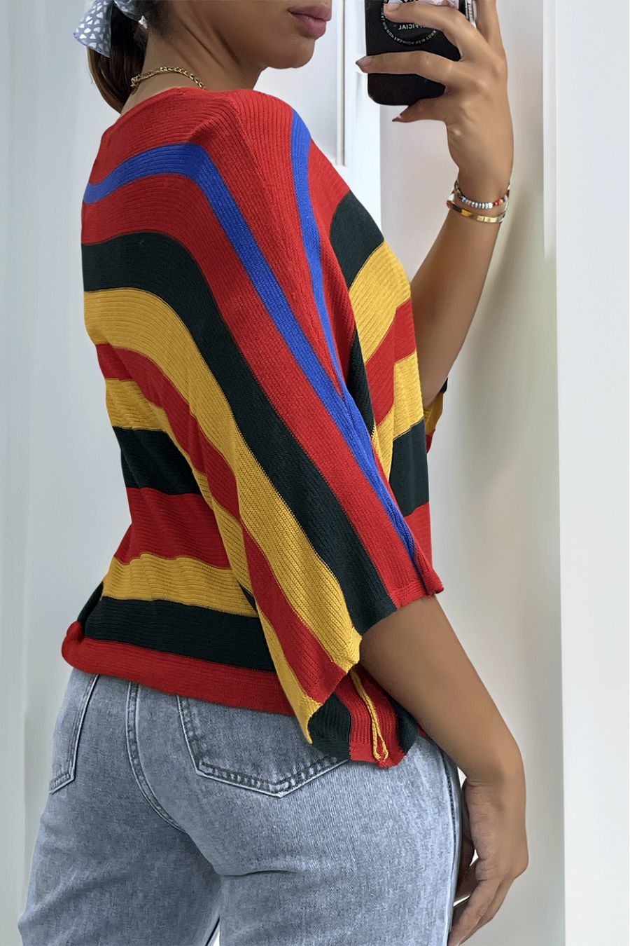 Rood gestreepte mesh top met vleermuismouwen - 1