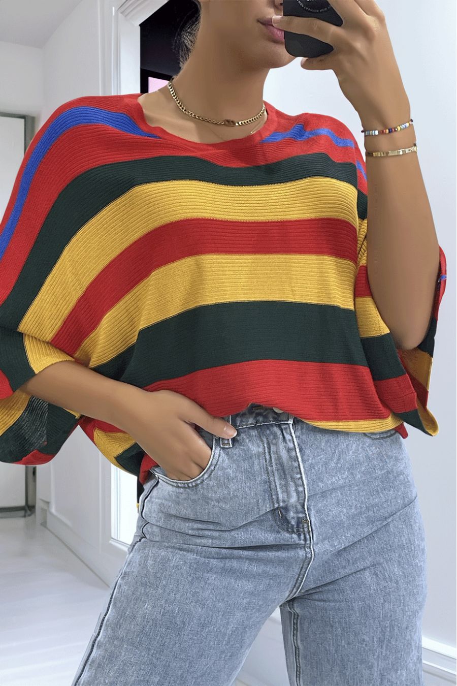 Rood gestreepte mesh top met vleermuismouwen - 2